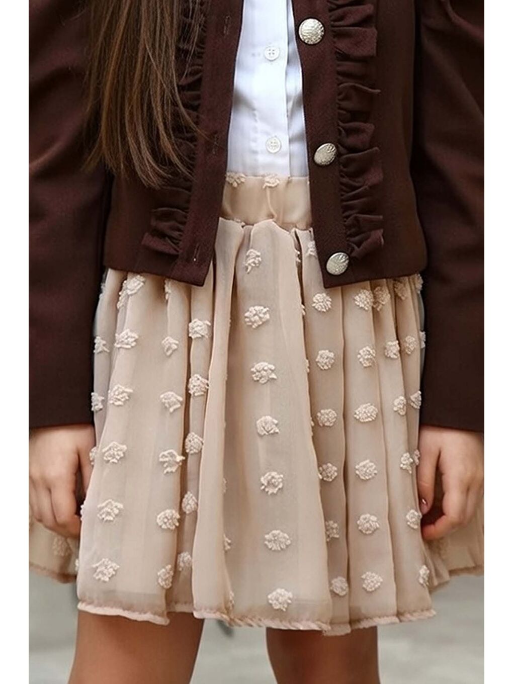 Kız Çocuk Puantiyeli Etek ve Denim Ceketli Kahverengi Etekli Takım-2