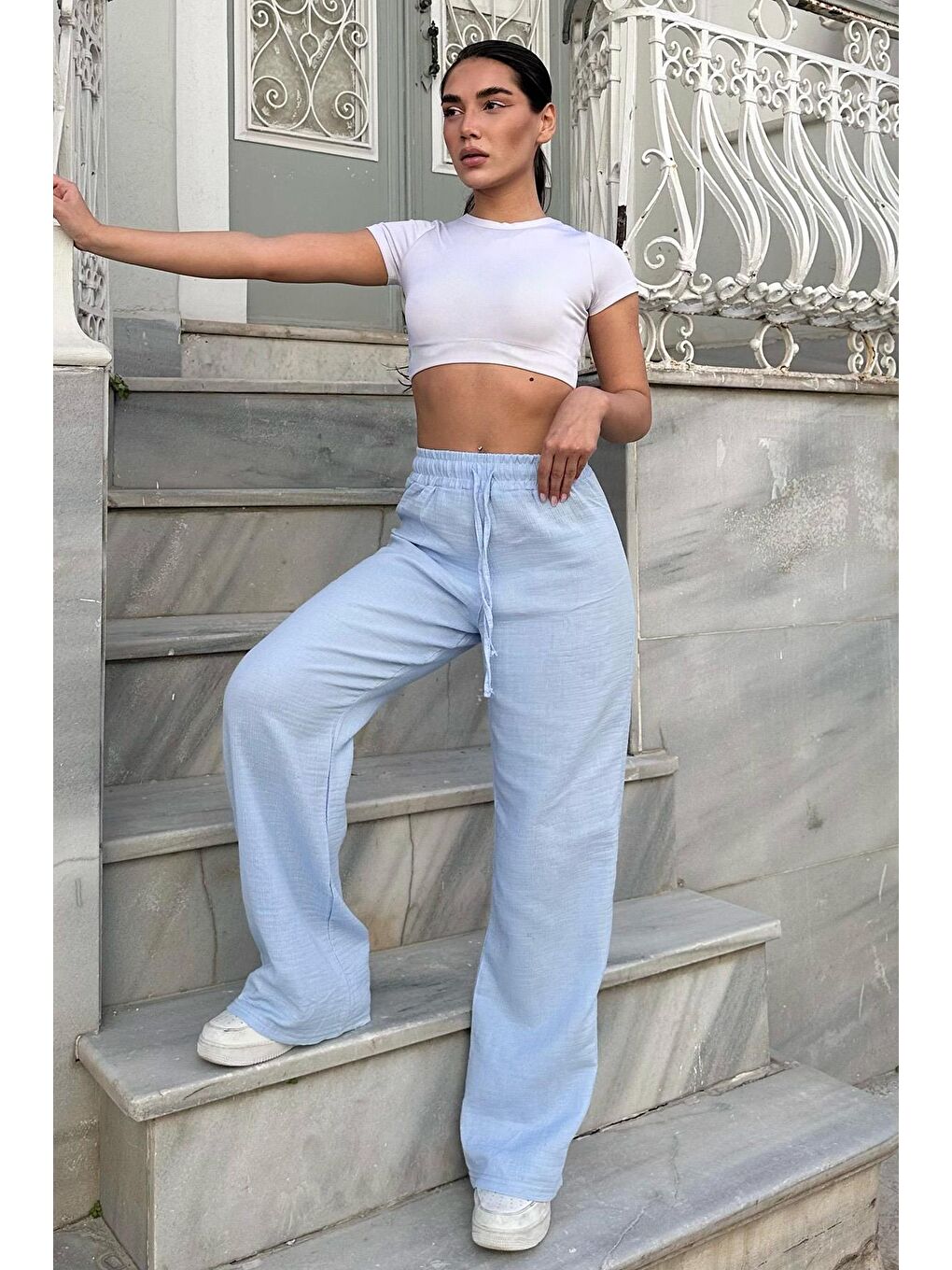 Mavi Bol Paça Müslin Kadın Pantolon Mg1980