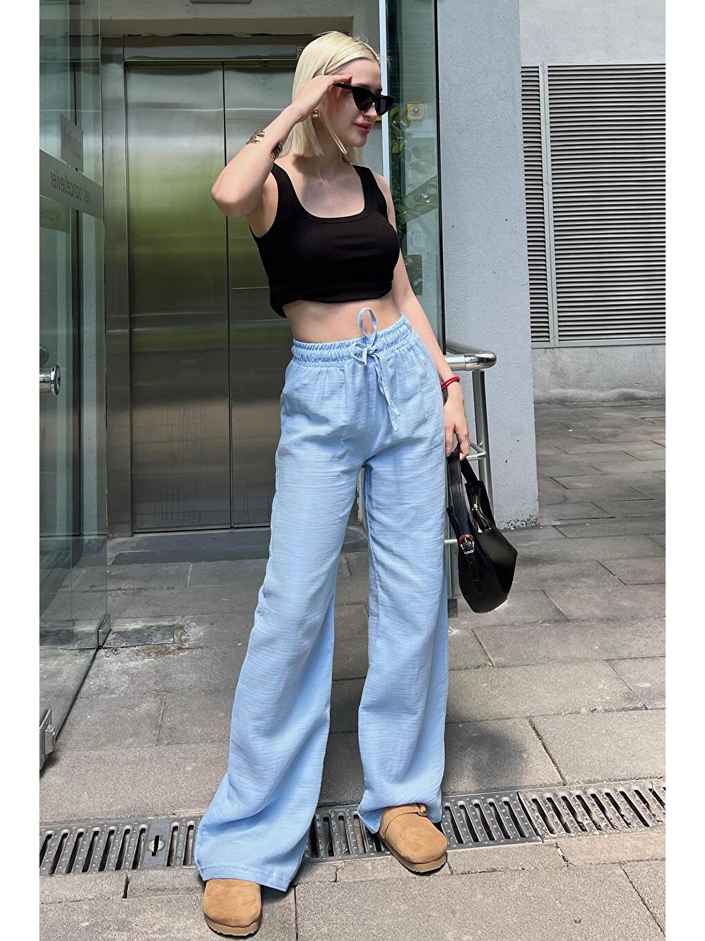 Mavi Bol Paça Müslin Kadın Pantolon Mg1980-1