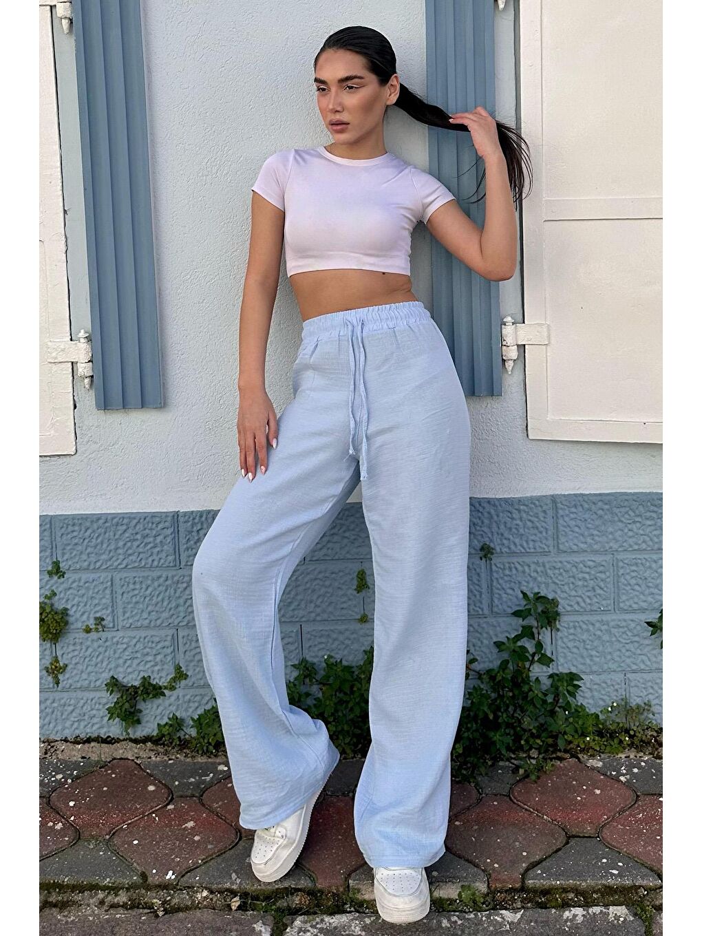 Mavi Bol Paça Müslin Kadın Pantolon Mg1980-3