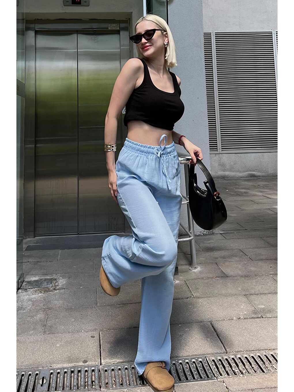 Mavi Bol Paça Müslin Kadın Pantolon Mg1980-4