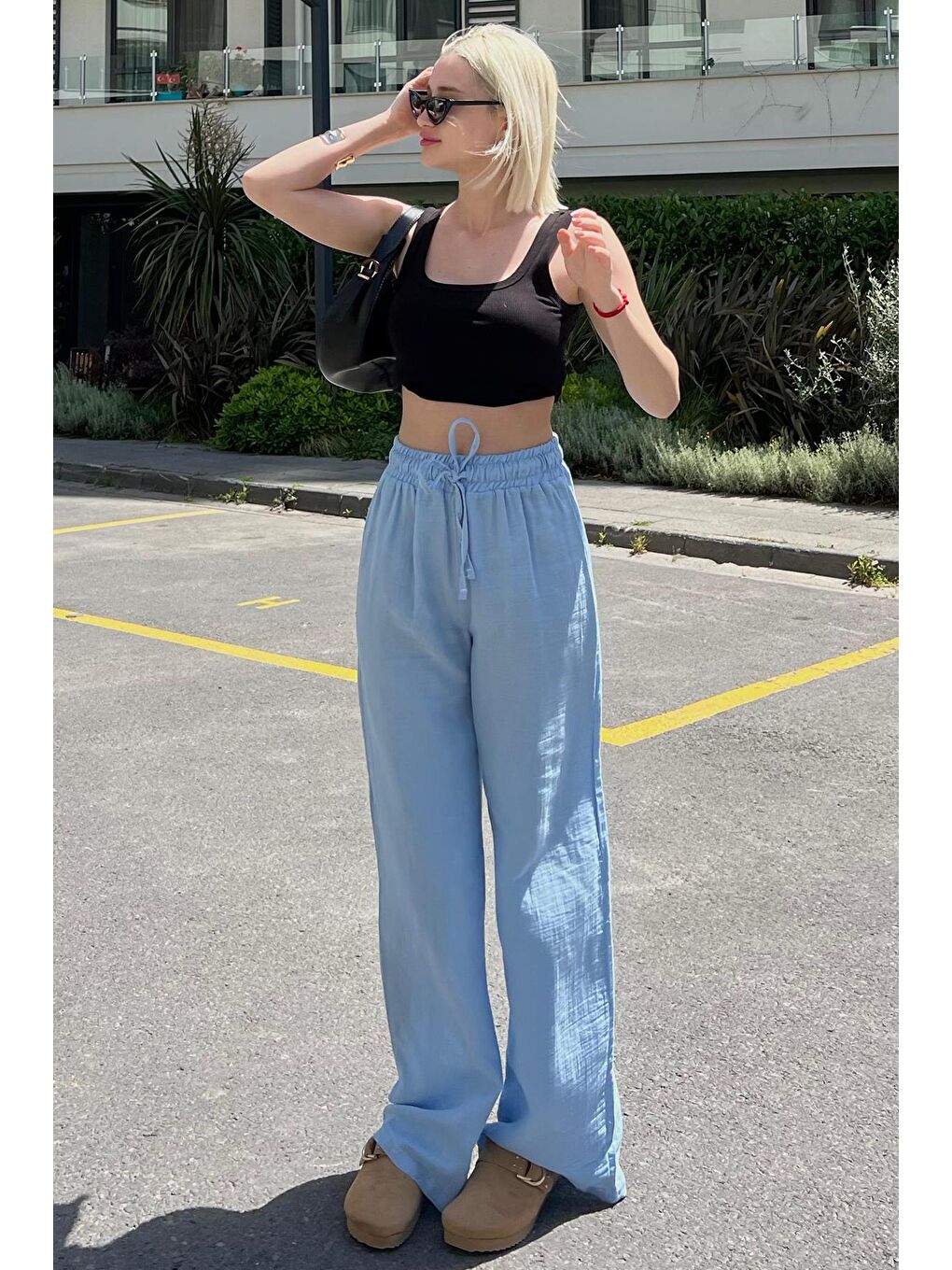 Mavi Bol Paça Müslin Kadın Pantolon Mg1980-5