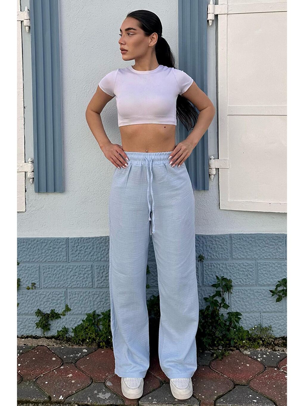 Mavi Bol Paça Müslin Kadın Pantolon Mg1980-6