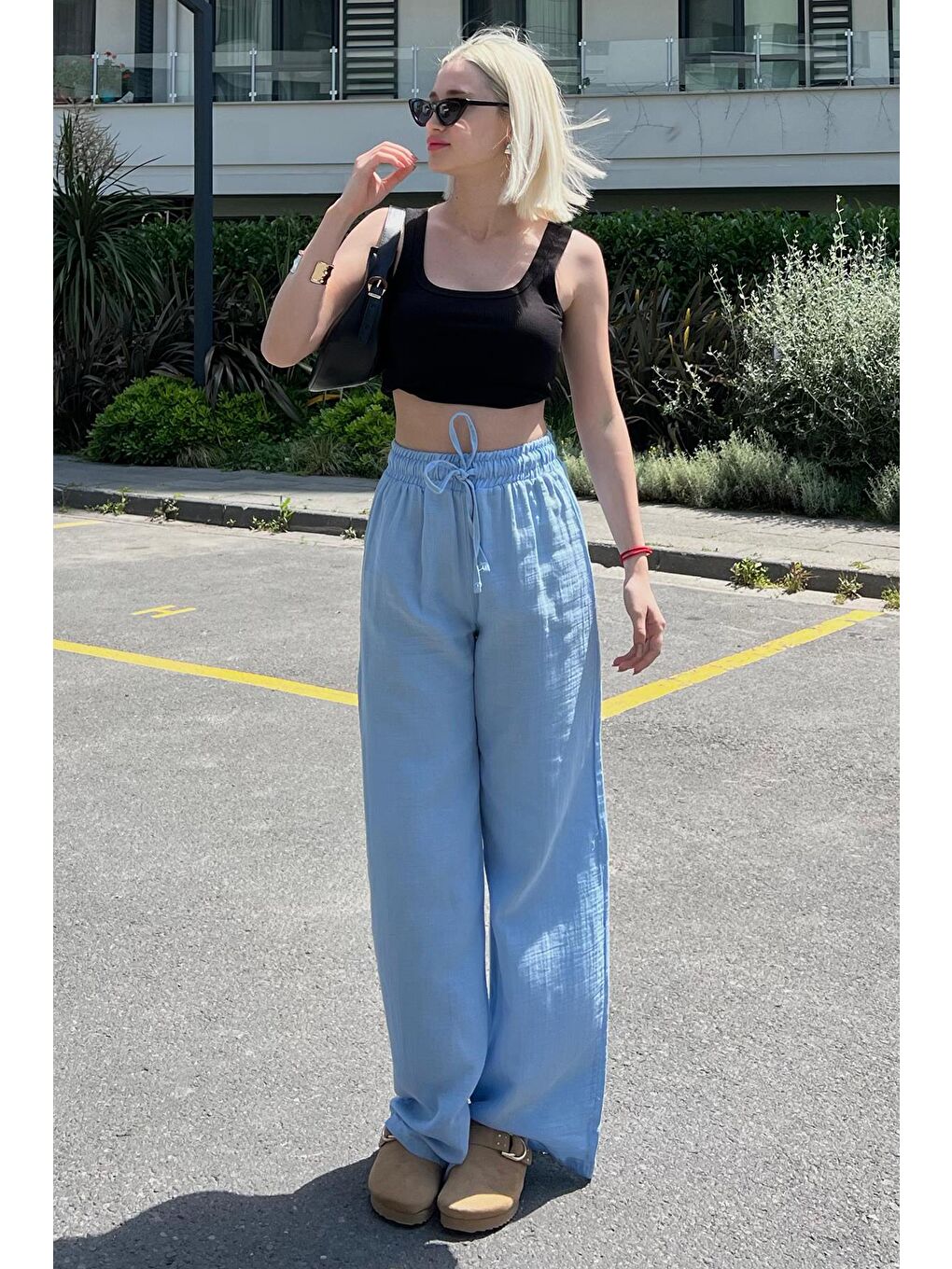 Mavi Bol Paça Müslin Kadın Pantolon Mg1980-7