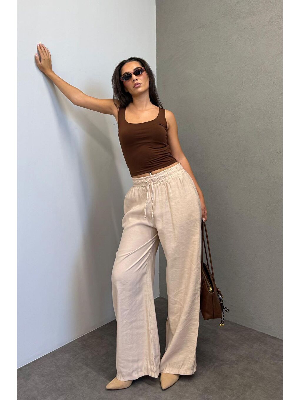 Bej Geniş Paça Kadın Pantolon Mg1982