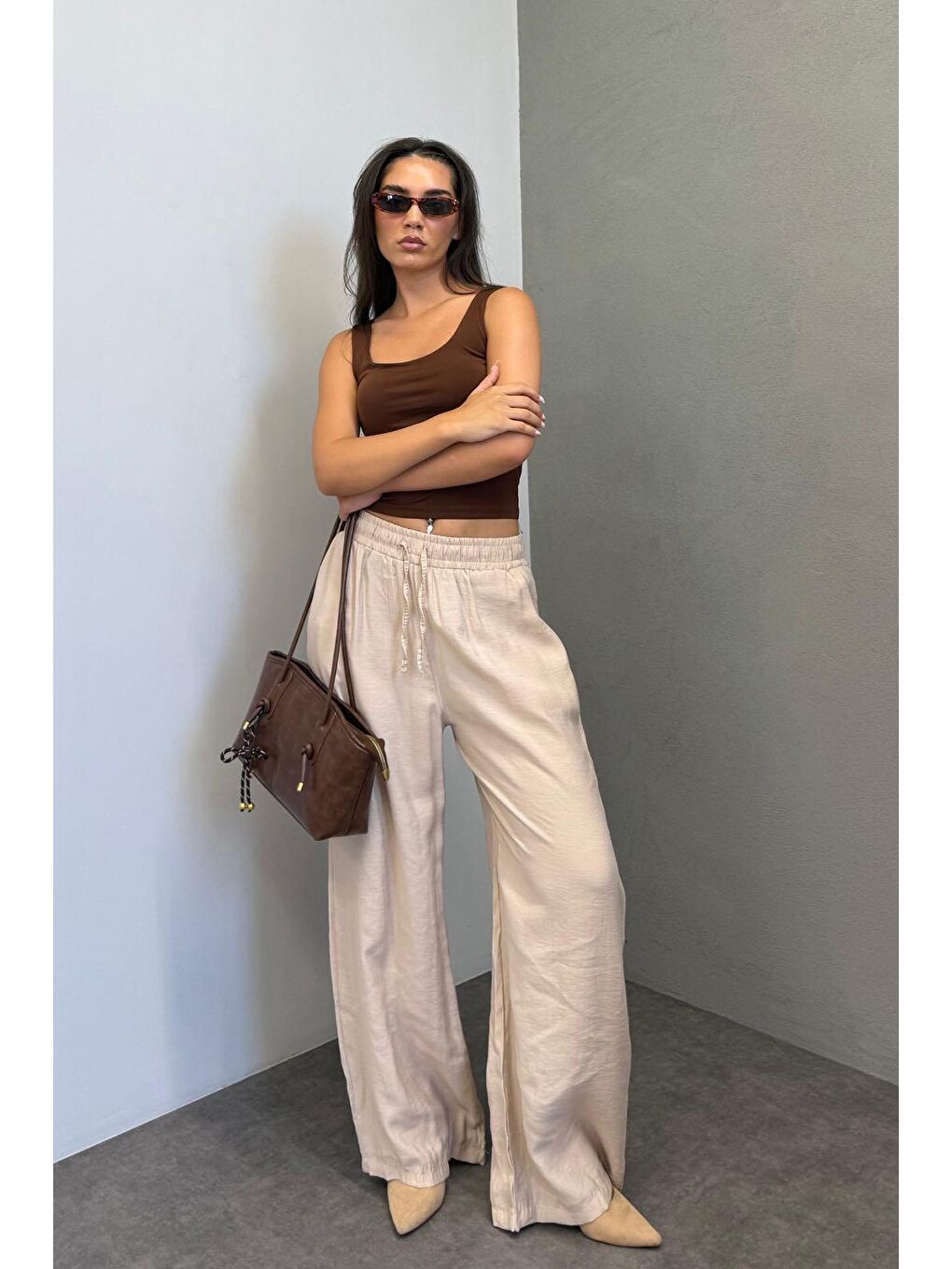 Bej Geniş Paça Kadın Pantolon Mg1982-1