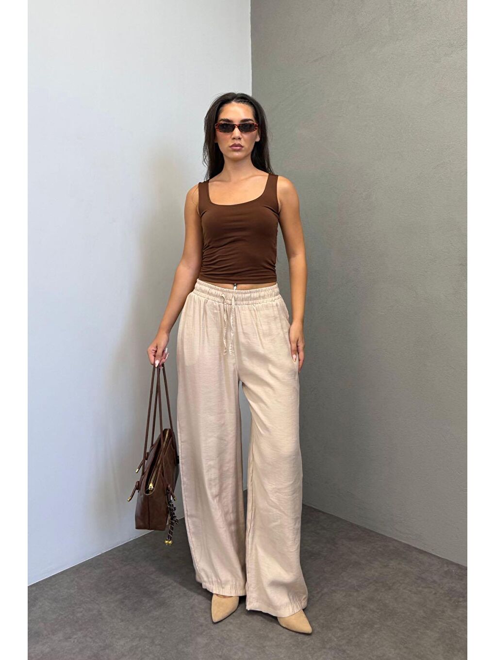 Bej Geniş Paça Kadın Pantolon Mg1982-2