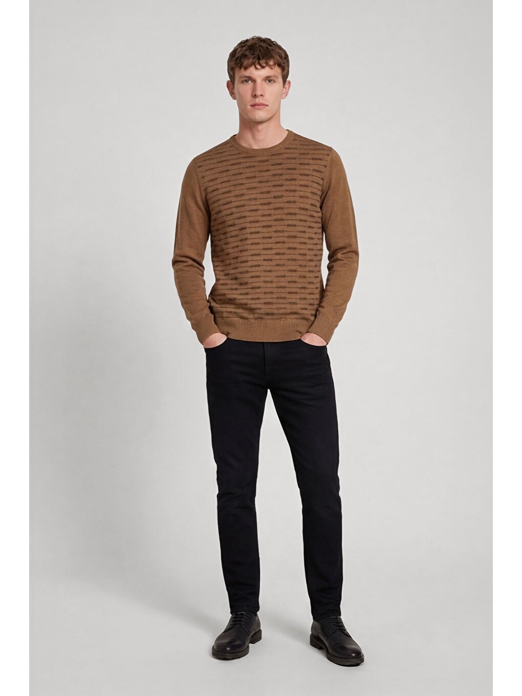 Kahverengi Camel Regular Fit Yünlü Desenli Bisiklet Yaka Triko Kazak-1
