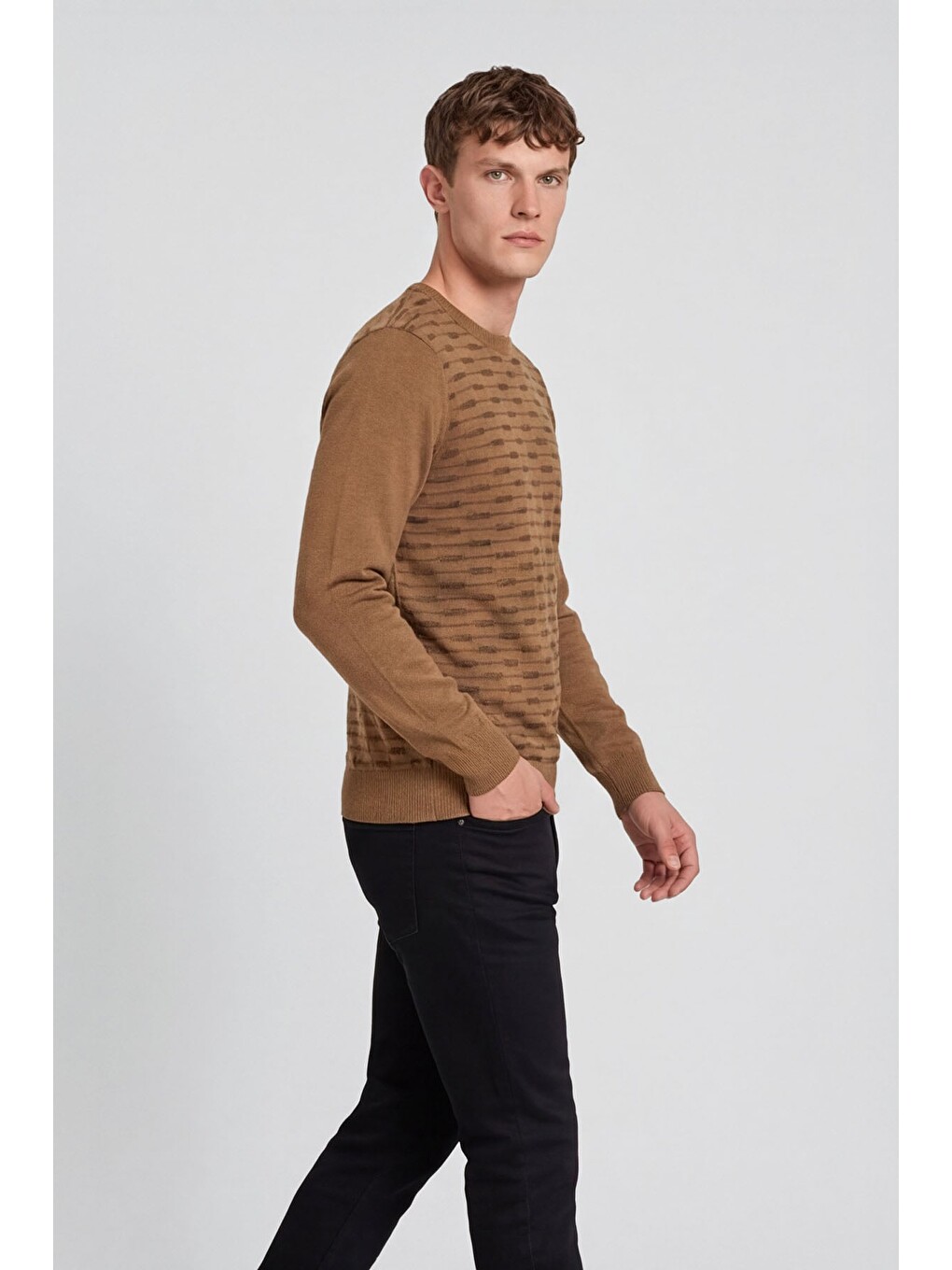 Kahverengi Camel Regular Fit Yünlü Desenli Bisiklet Yaka Triko Kazak-2