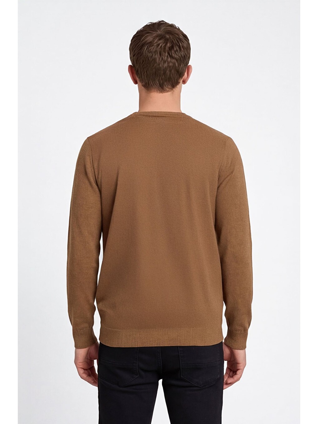 Kahverengi Camel Regular Fit Yünlü Desenli Bisiklet Yaka Triko Kazak-3