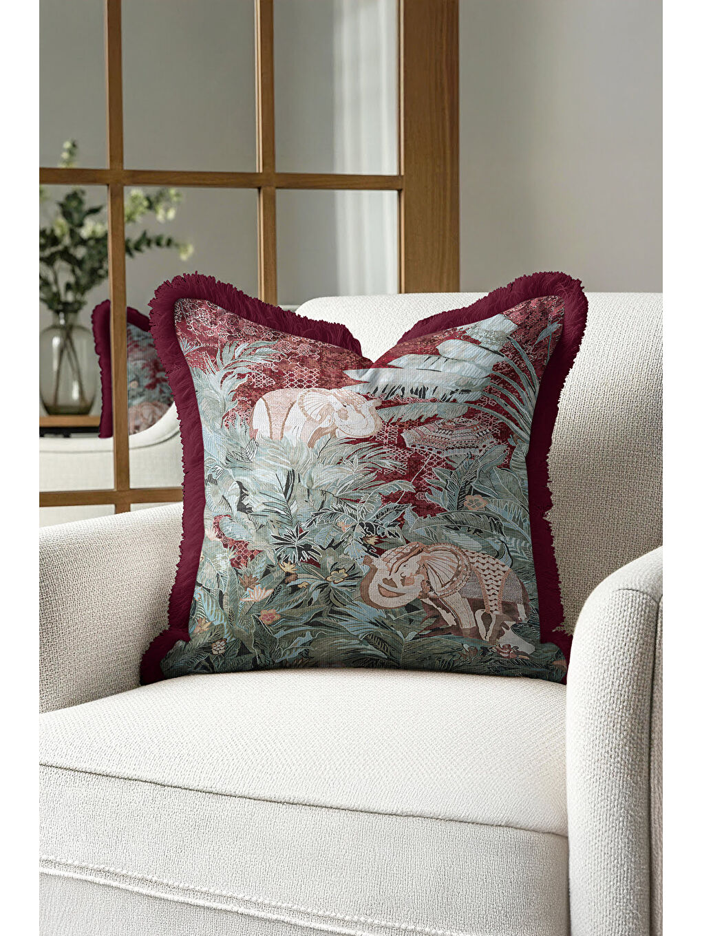 Karışık Egzotik Orman Fil Figürlü Saçaklı Yastık Kılıfı - Vintage Bohem Bordo Zümrüt Püsküllü Kırlent Kılıfı