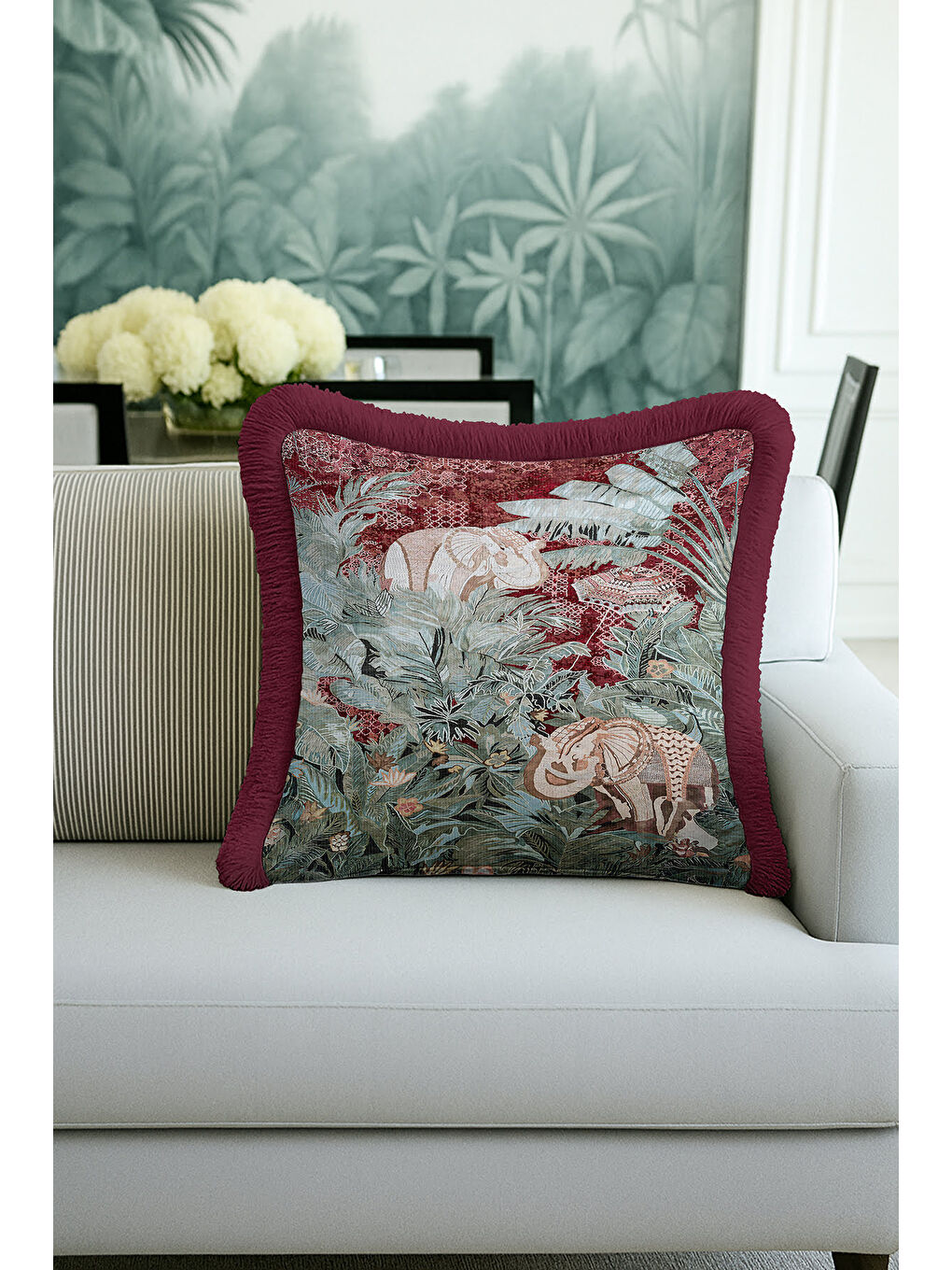 Karışık Egzotik Orman Fil Figürlü Saçaklı Yastık Kılıfı - Vintage Bohem Bordo Zümrüt Püsküllü Kırlent Kılıfı-1