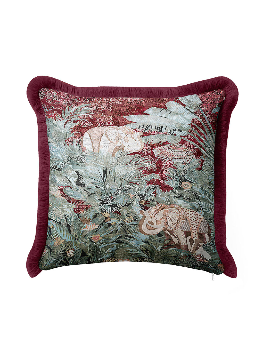 Karışık Egzotik Orman Fil Figürlü Saçaklı Yastık Kılıfı - Vintage Bohem Bordo Zümrüt Püsküllü Kırlent Kılıfı-2