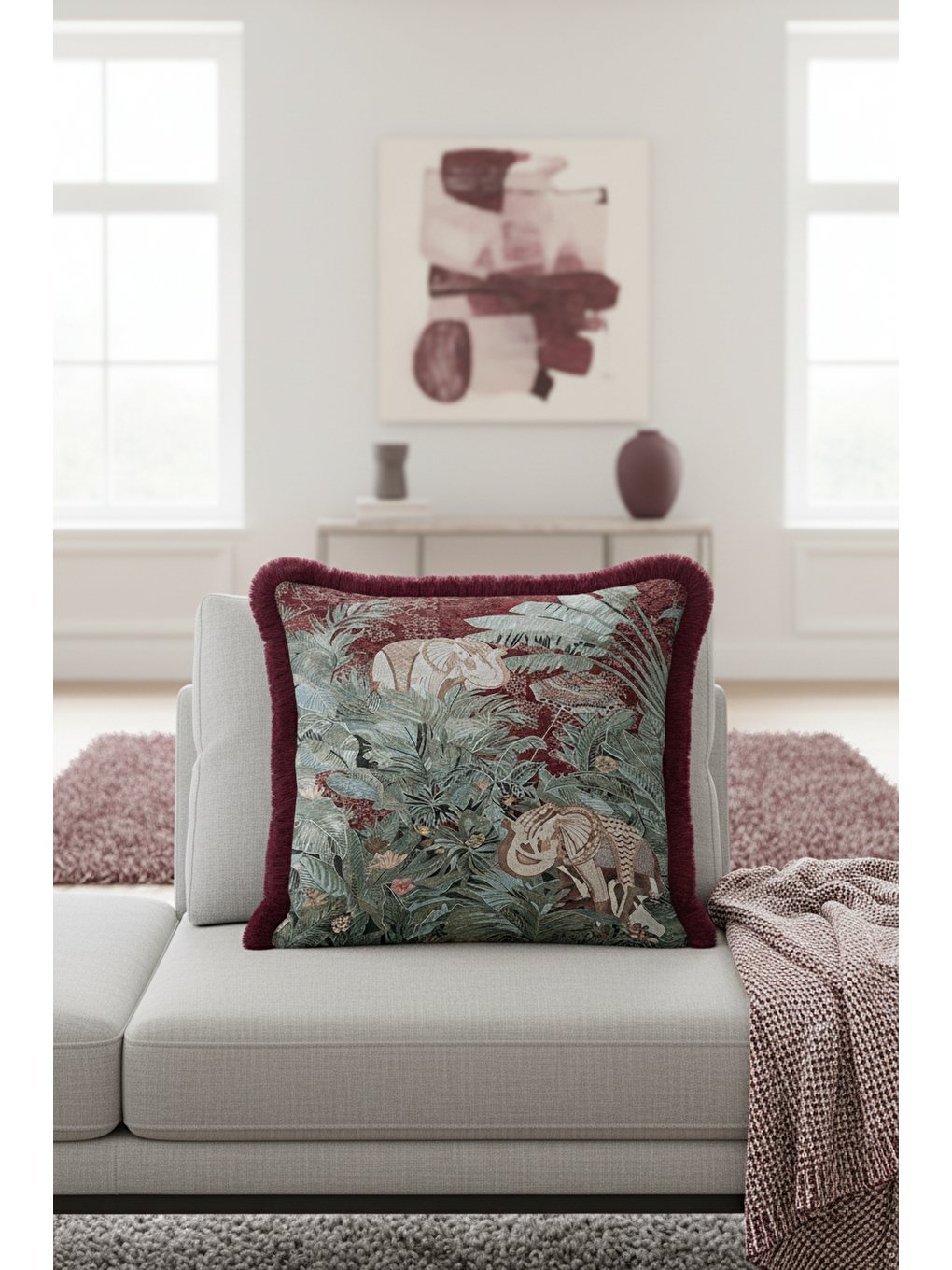 Karışık Egzotik Orman Fil Figürlü Saçaklı Yastık Kılıfı - Vintage Bohem Bordo Zümrüt Püsküllü Kırlent Kılıfı-3