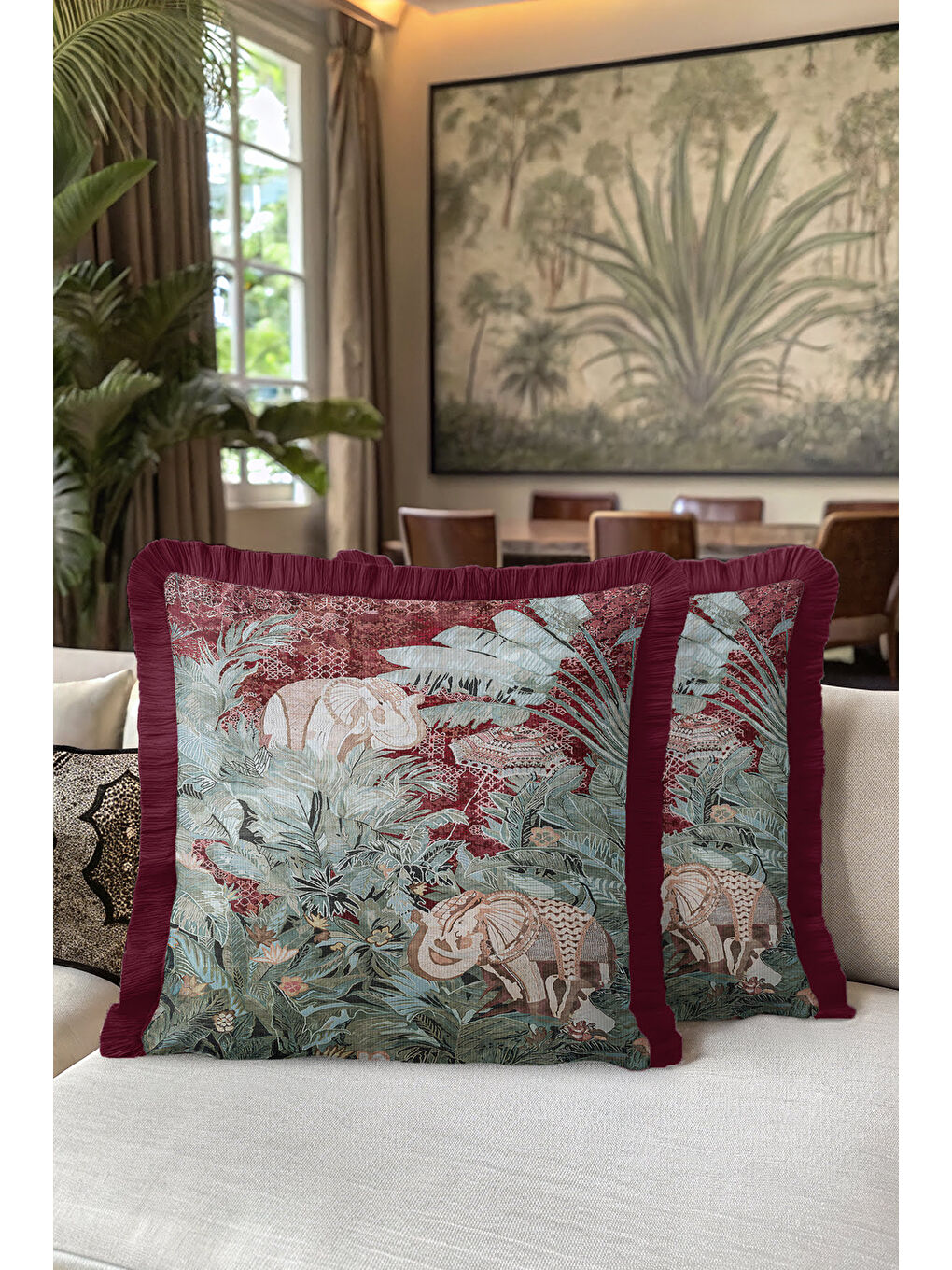 Karışık Egzotik Orman Fil Figürlü Saçaklı Yastık Kılıfı - Vintage Bohem Bordo Zümrüt Püsküllü Kırlent Kılıfı-5