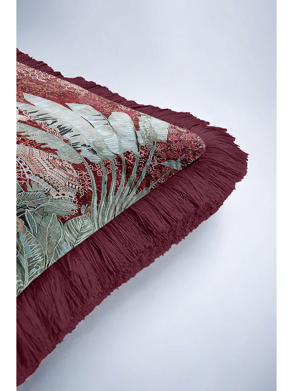 Karışık Egzotik Orman Fil Figürlü Saçaklı Yastık Kılıfı - Vintage Bohem Bordo Zümrüt Püsküllü Kırlent Kılıfı-6