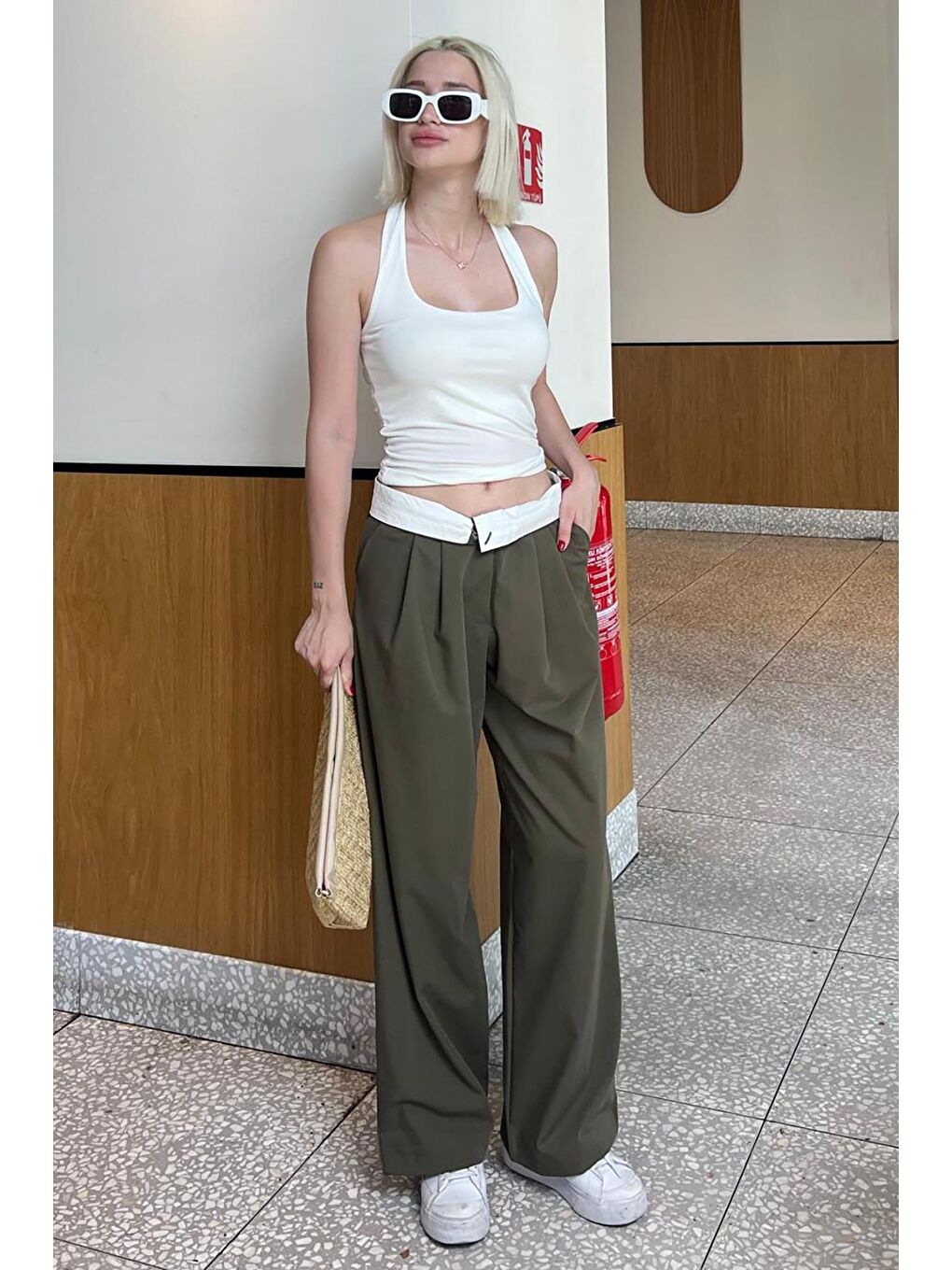 Haki Yüksek Bel Rahat Kesim Bol Paça Pantolon Mg2120-1