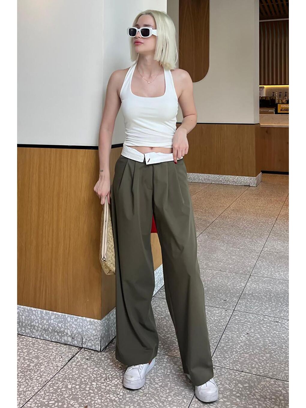 Haki Yüksek Bel Rahat Kesim Bol Paça Pantolon Mg2120-2