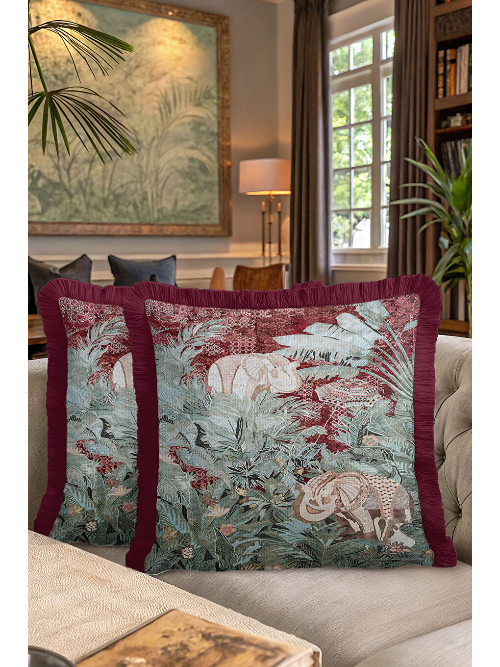 Karışık Egzotik Orman Fil Figürlü Saçaklı Yastık Kılıfı - Vintage Bohem Bordo Zümrüt Püsküllü Kırlent Kılıfı-7