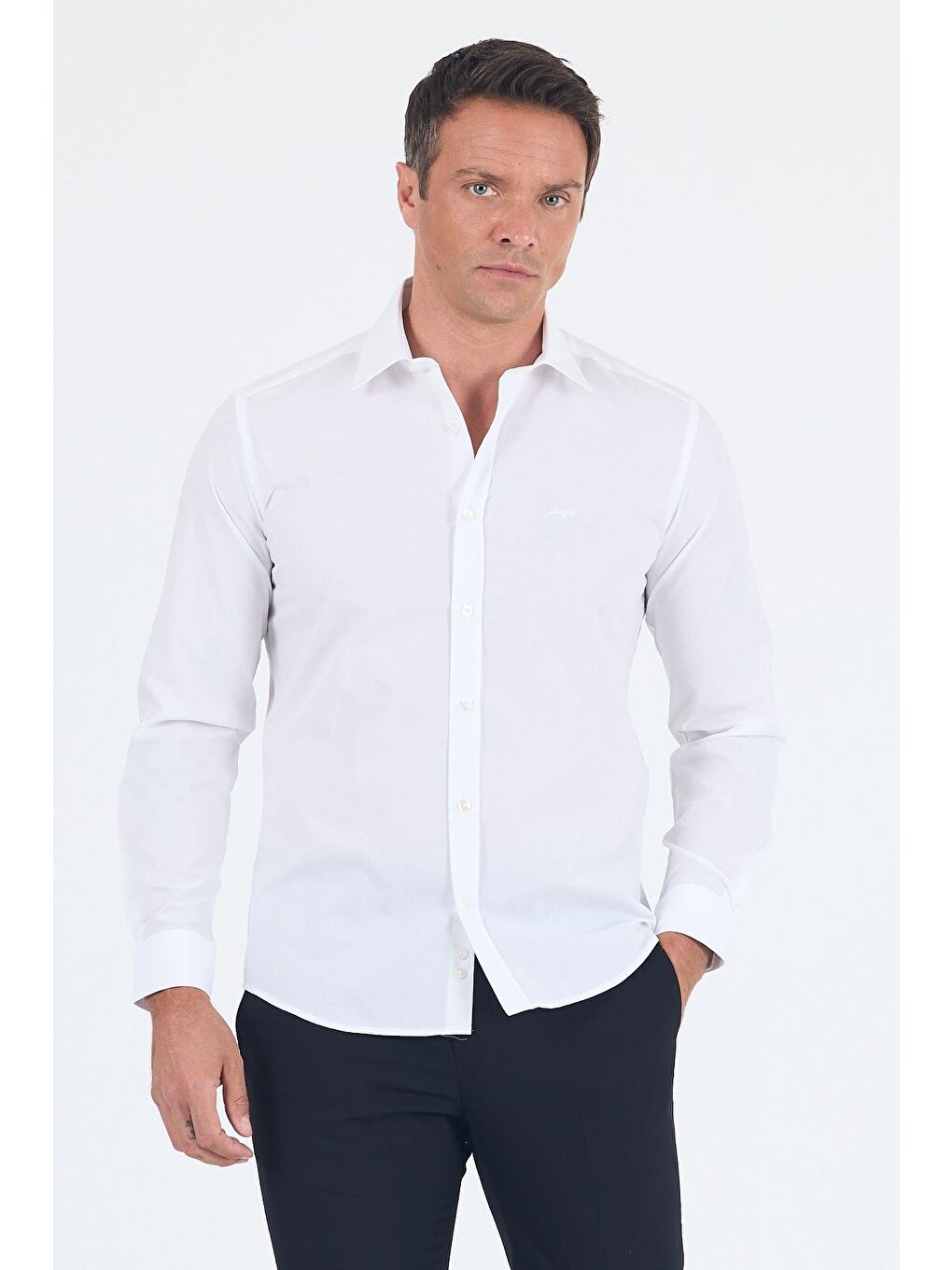 Beyaz Uzun Kol Filafil Desen Filafil Sert Yaka Cepsiz Pamuklu Basic Slim Fit Gömlek 1004250008_600-4