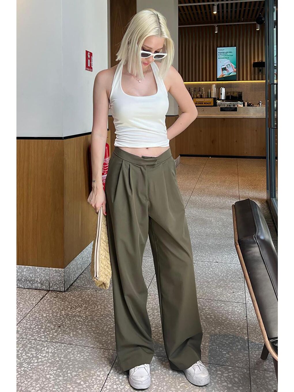 Haki Yüksek Bel Rahat Kesim Bol Paça Pantolon Mg2120-3