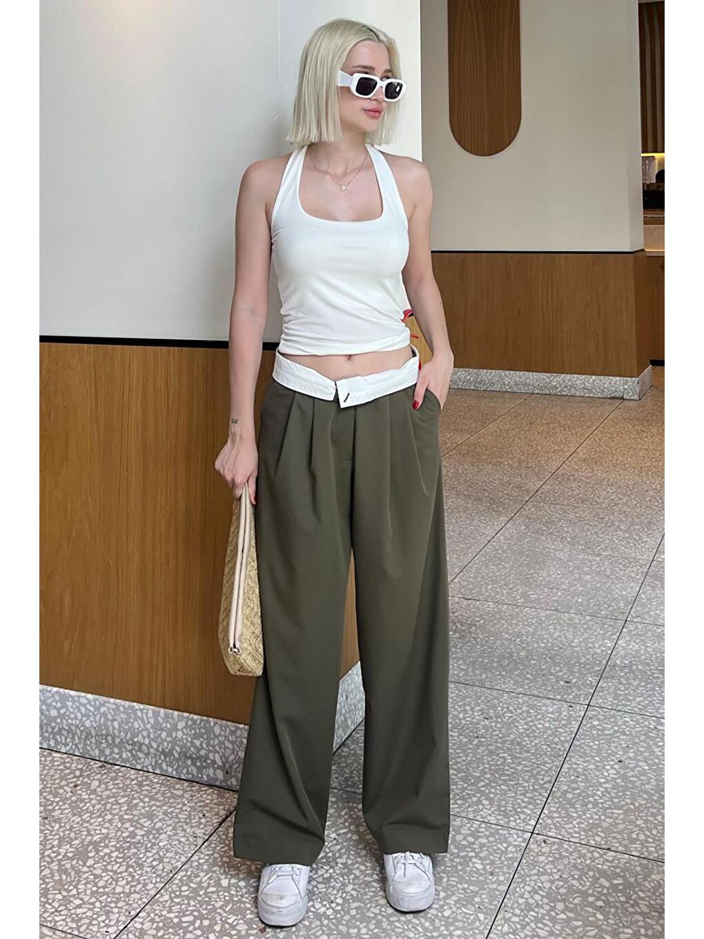 Haki Yüksek Bel Rahat Kesim Bol Paça Pantolon Mg2120-4