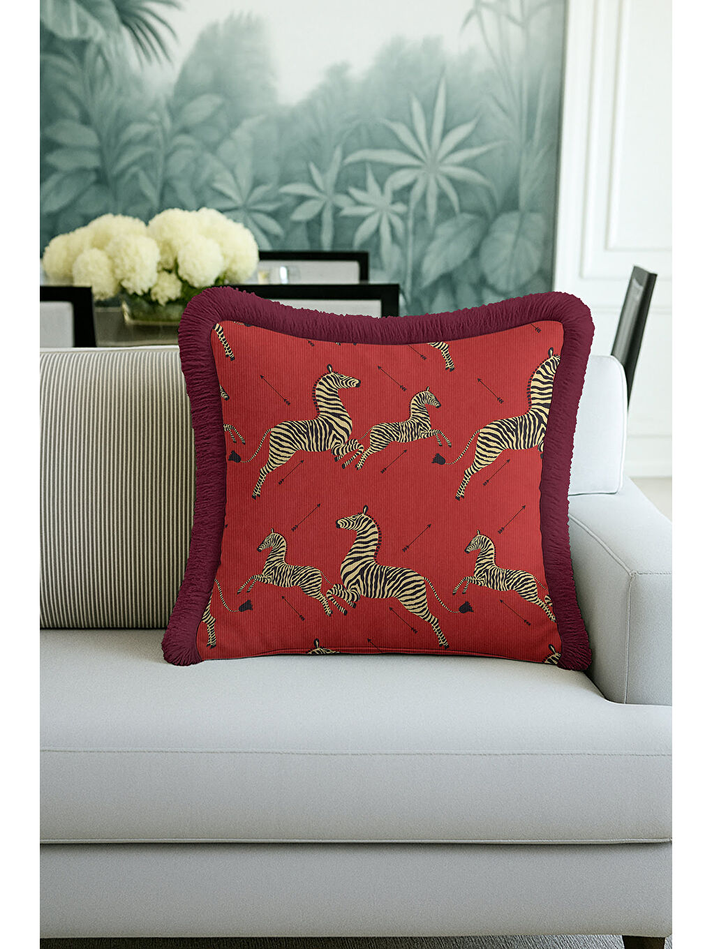 Karışık Lüks Zebra Motifli Saçaklı Yastık Kılıfı - Safari Bohem Kırmızı Altın Renkli Püsküllü Kırlent Kılıfı-1