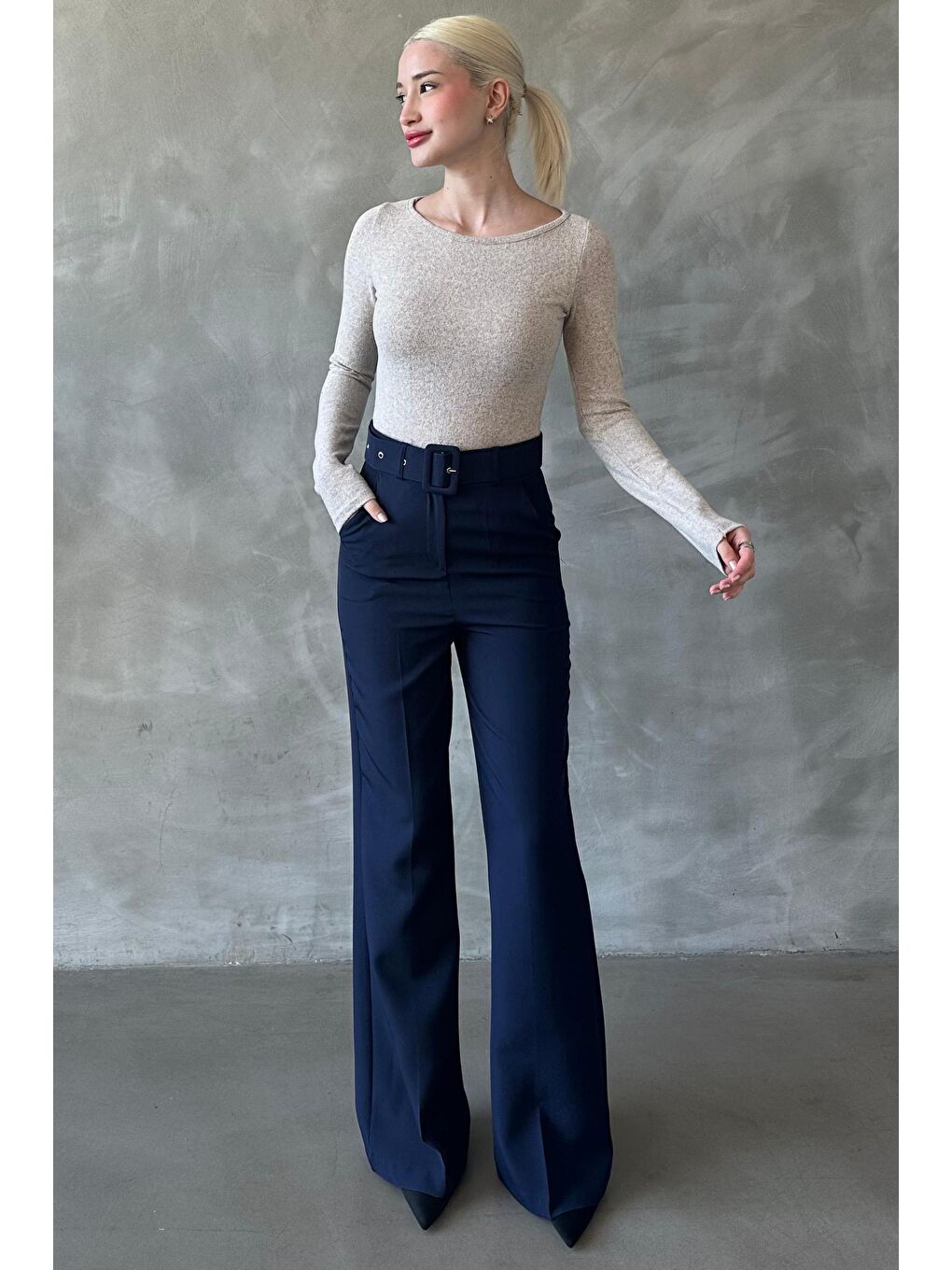 Lacivert İspanyol Paça Kadın Kumaş Pantolon Mg2303-3