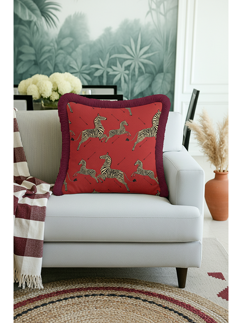 Karışık Lüks Zebra Motifli Saçaklı Yastık Kılıfı - Safari Bohem Kırmızı Altın Renkli Püsküllü Kırlent Kılıfı-2