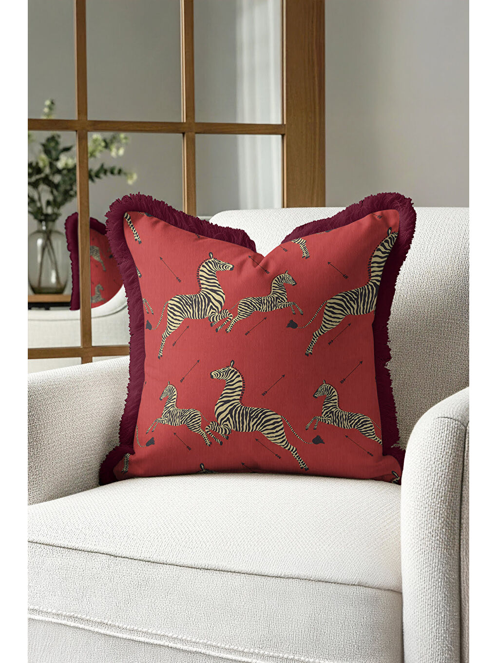 Karışık Lüks Zebra Motifli Saçaklı Yastık Kılıfı - Safari Bohem Kırmızı Altın Renkli Püsküllü Kırlent Kılıfı-3