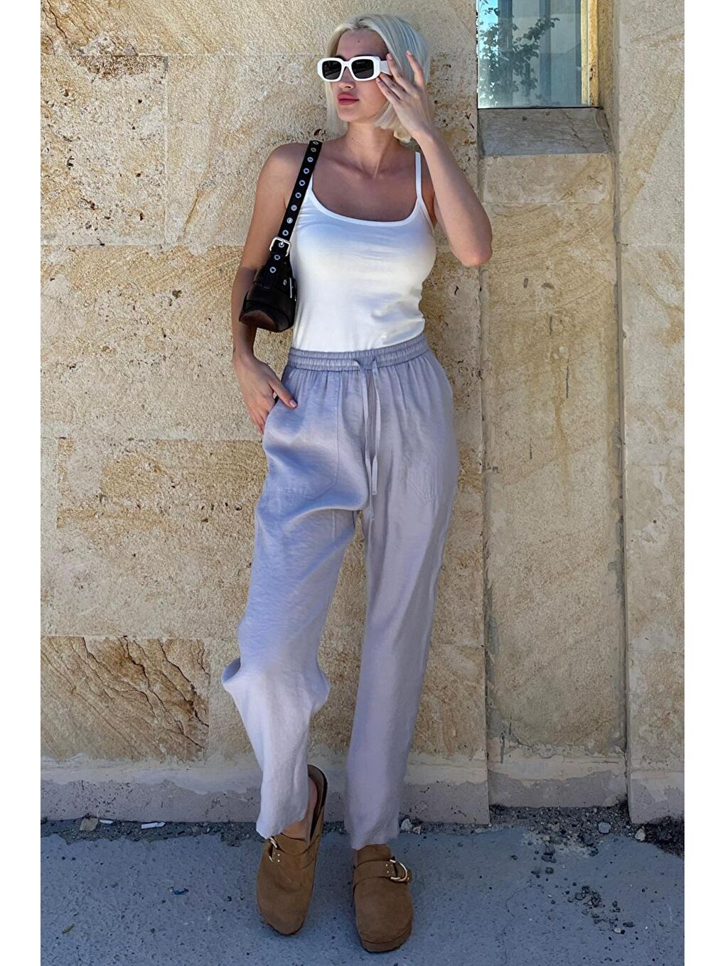 Gri Ayarlanabilir Bel Rahat Kesim Pantolon Mg2161