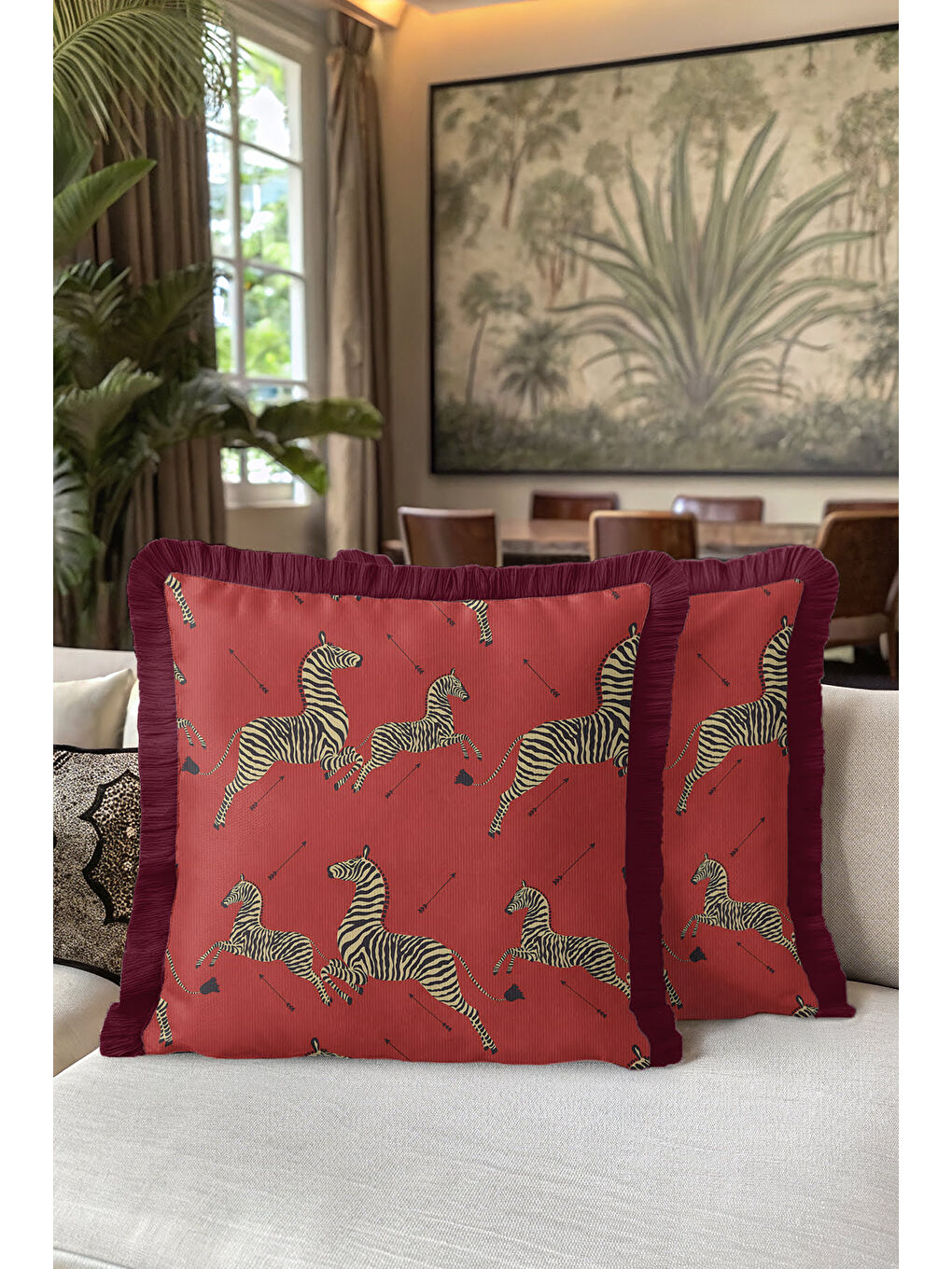 Karışık Lüks Zebra Motifli Saçaklı Yastık Kılıfı - Safari Bohem Kırmızı Altın Renkli Püsküllü Kırlent Kılıfı-5