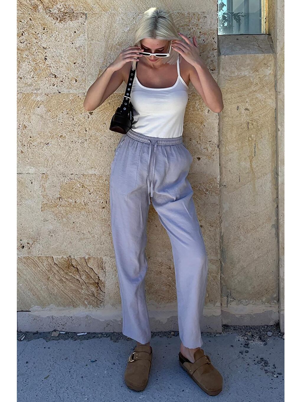 Gri Ayarlanabilir Bel Rahat Kesim Pantolon Mg2161-1