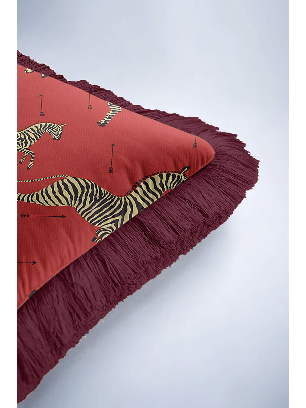 Karışık Lüks Zebra Motifli Saçaklı Yastık Kılıfı - Safari Bohem Kırmızı Altın Renkli Püsküllü Kırlent Kılıfı-6
