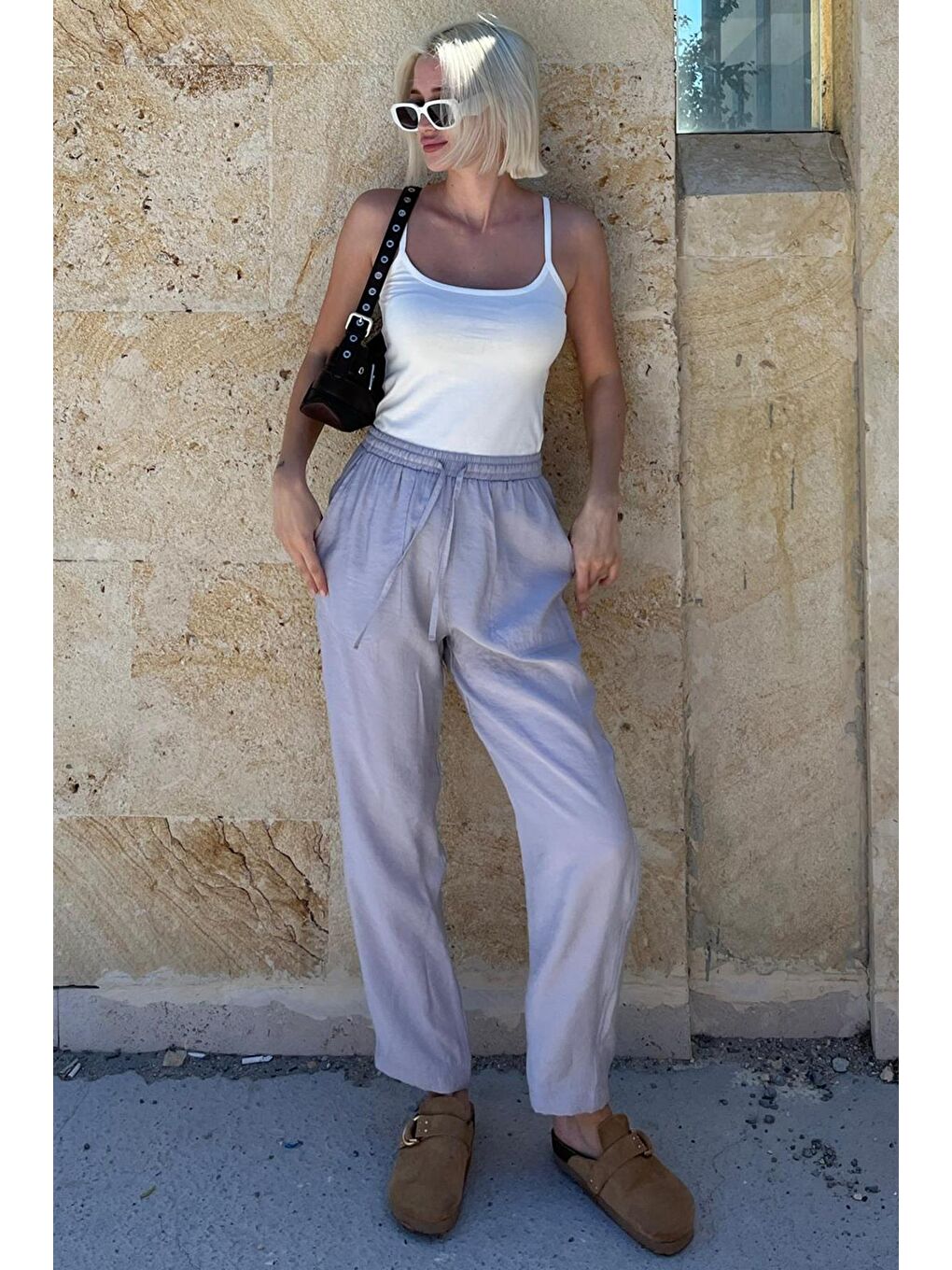 Gri Ayarlanabilir Bel Rahat Kesim Pantolon Mg2161-2