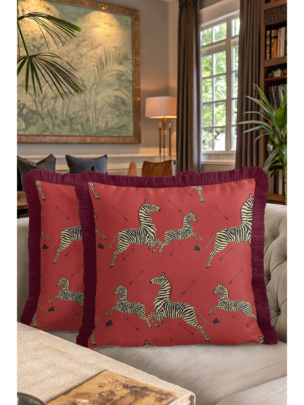 Karışık Lüks Zebra Motifli Saçaklı Yastık Kılıfı - Safari Bohem Kırmızı Altın Renkli Püsküllü Kırlent Kılıfı-7