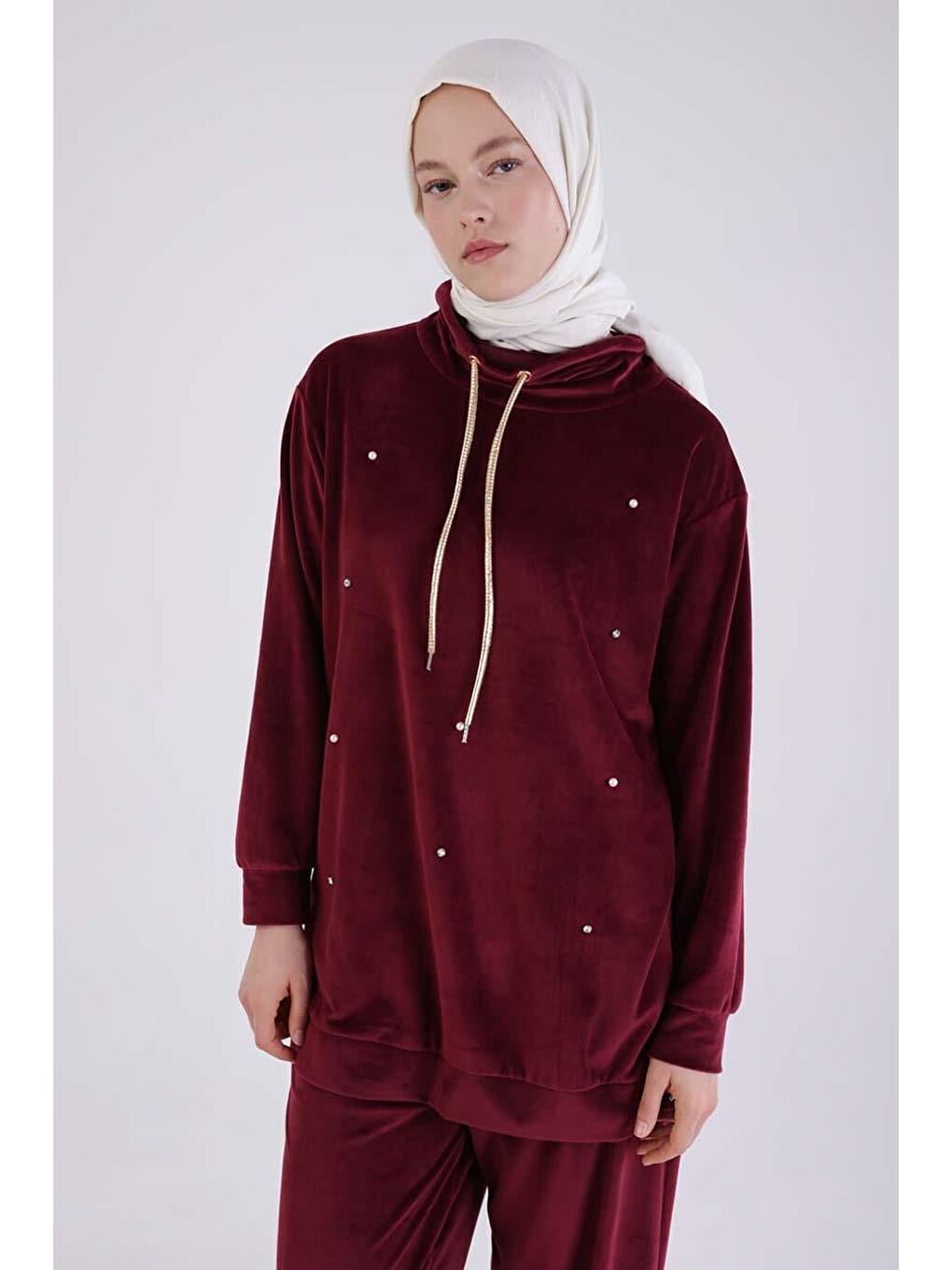 Bordo-Taş Ve Boncuk İşlemeli Kadife Eşofman Takım-4