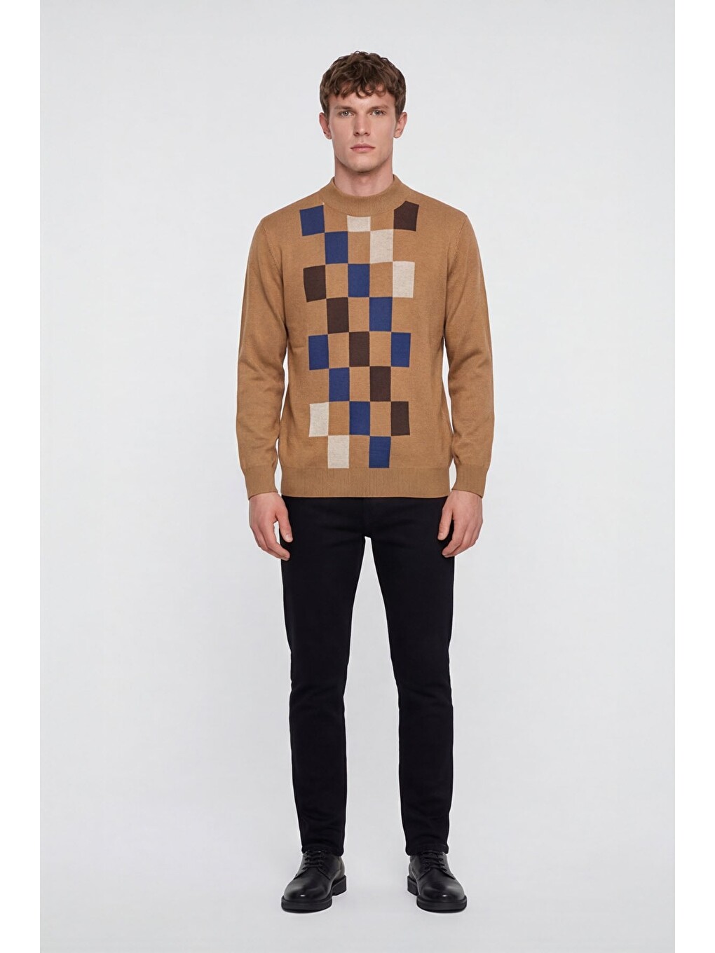 Kahverengi Camel Regular Fit Yünlü Dikdörtgen Desenli Yarım Balıkçı Yaka Triko Kazak-1