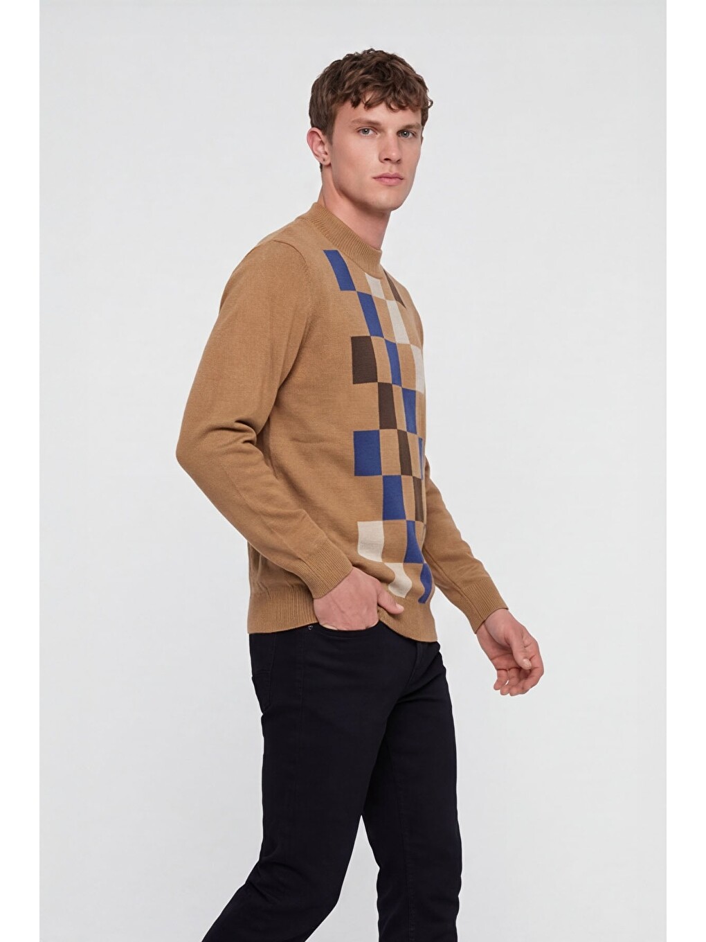 Kahverengi Camel Regular Fit Yünlü Dikdörtgen Desenli Yarım Balıkçı Yaka Triko Kazak-2