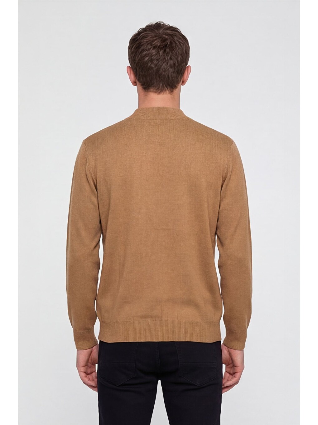 Kahverengi Camel Regular Fit Yünlü Dikdörtgen Desenli Yarım Balıkçı Yaka Triko Kazak-3