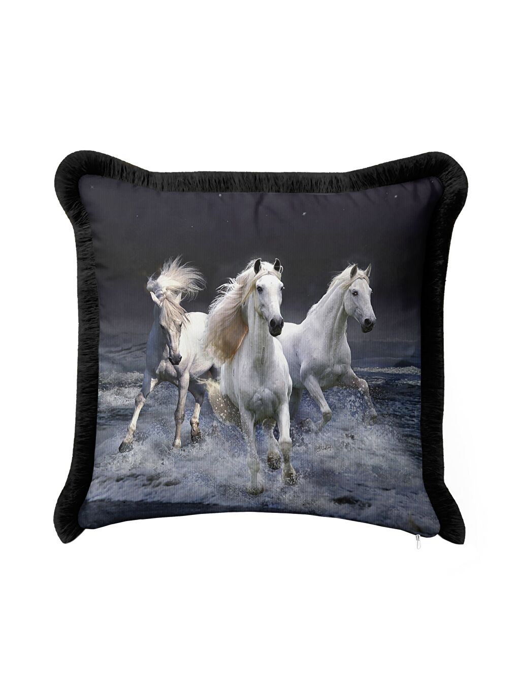 Karışık Vahşi Atlar Saçaklı Yastık Kılıfı - Doğal Özgürlük Temalı Modern Gri Siyah Püsküllü Kırlent Kılıfı-1