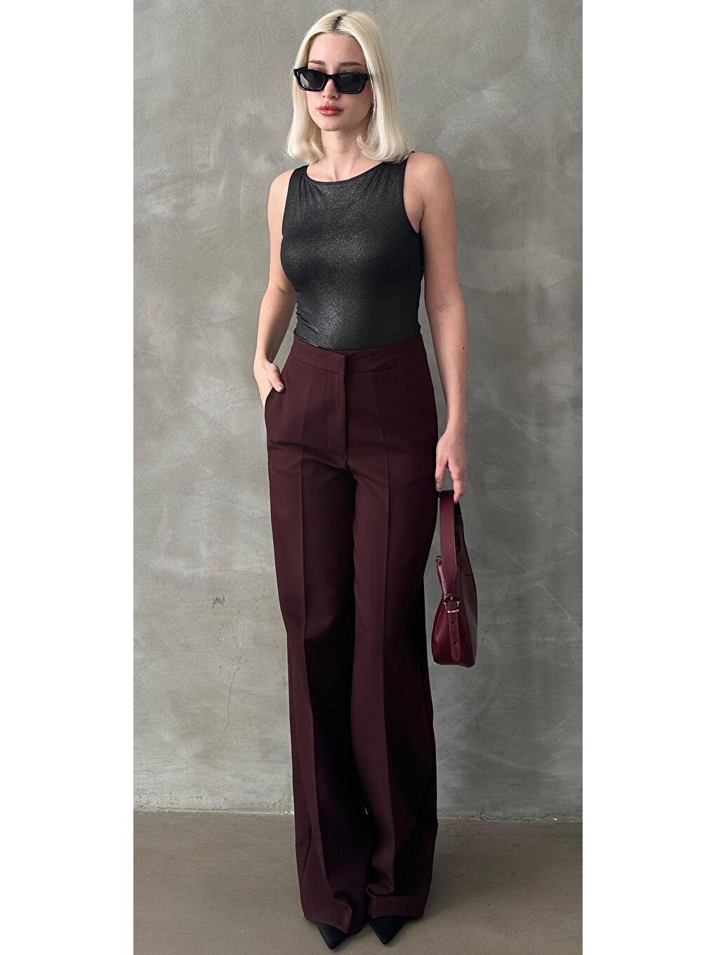 Bordo Yüksek Bel Kumaş Pantolon Mg2284-1