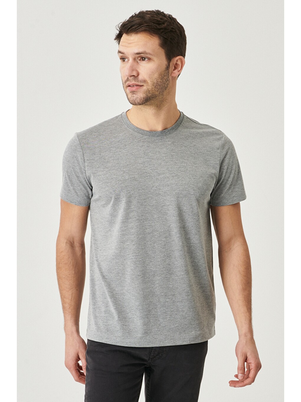 Erkek Gri Melanj-Koyu Gri-Siyah-Siyah Slim Fit 4'lü Tişört Paket-3