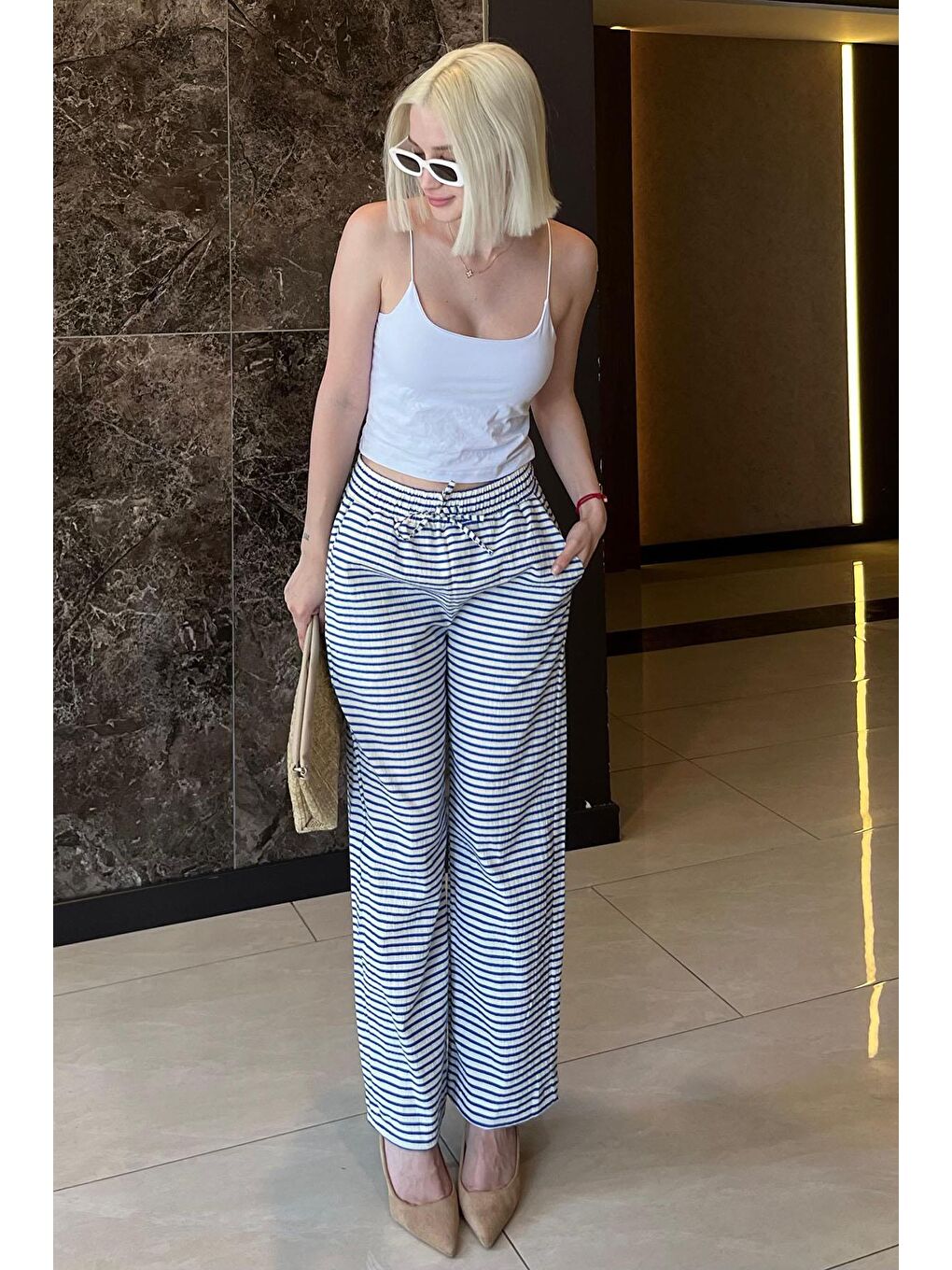 Mavi Beli Ayarlanabilir Pamuklu Bol Paça Dökümlü Çizgili Pantolon Mg2133-3