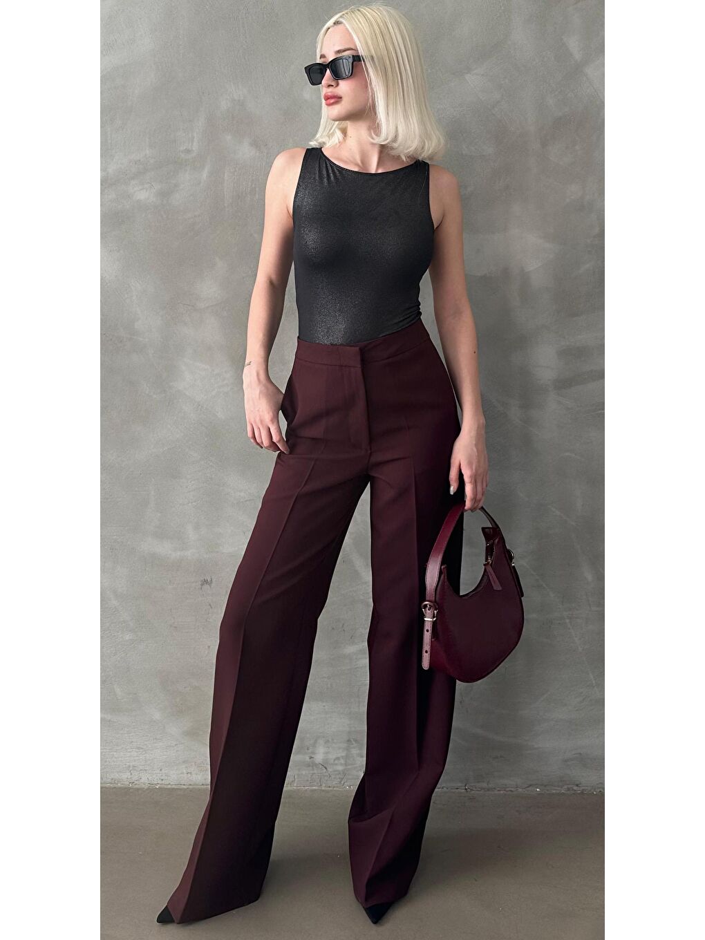 Bordo Yüksek Bel Kumaş Pantolon Mg2284-6