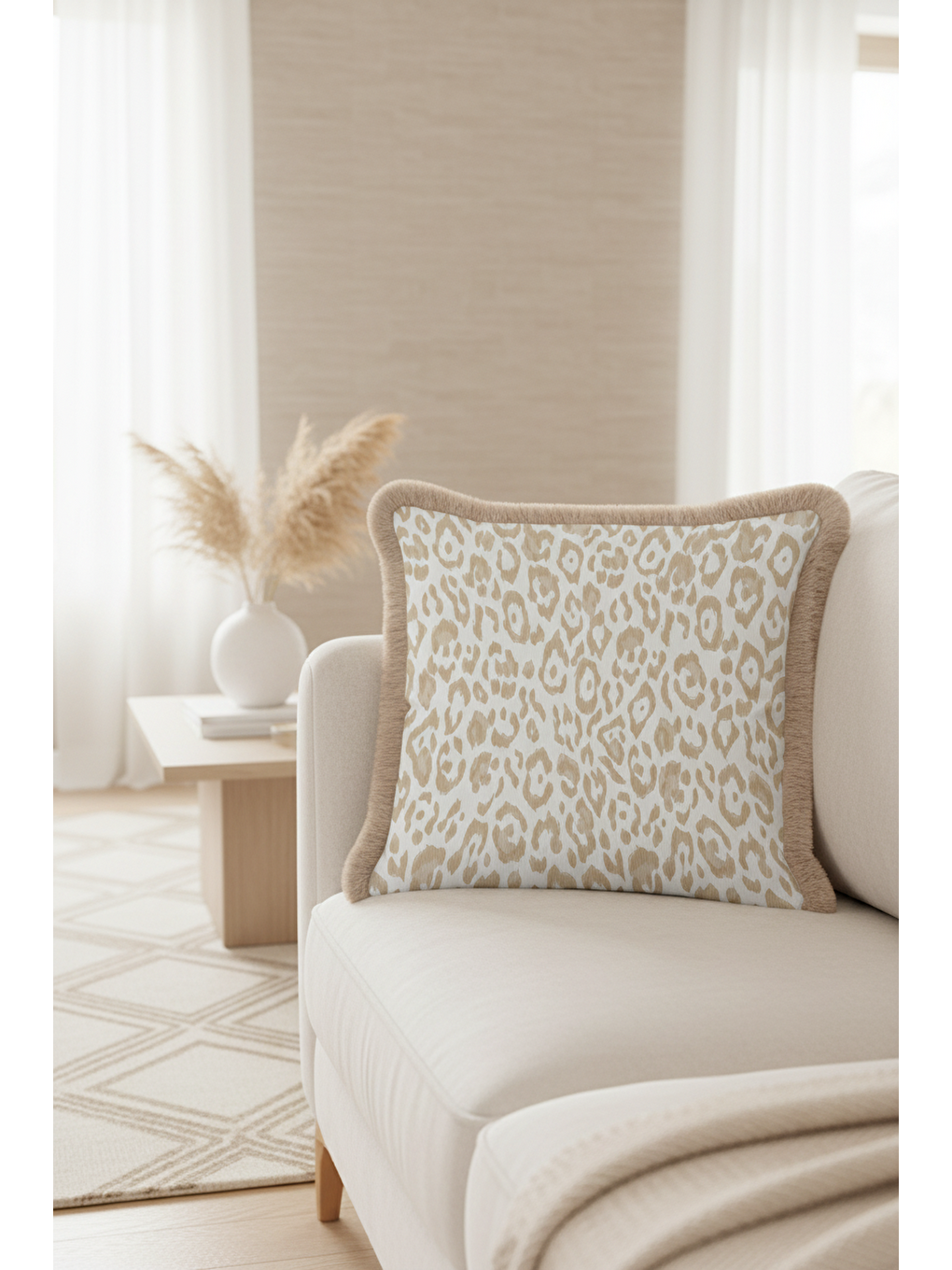 Karışık Leopar Motifli Saçaklı Yastık Kılıfı - Safari Bohem Bej Altın Renkli Püsküllü Kırlent Kılıfı-2