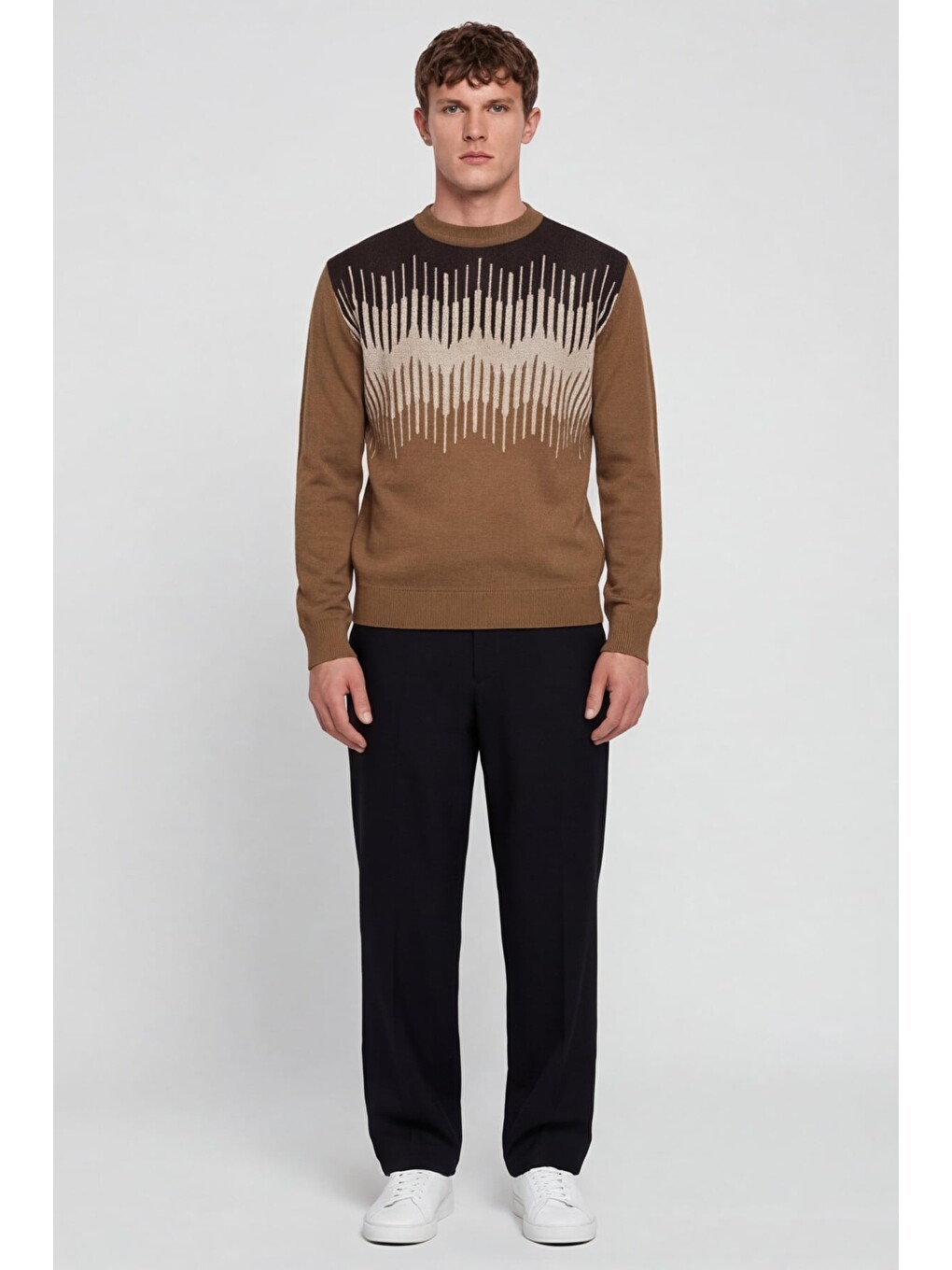 Kahverengi Camel Regular Fit Yünlü Desenli Bisiklet Yaka Triko Kazak-1