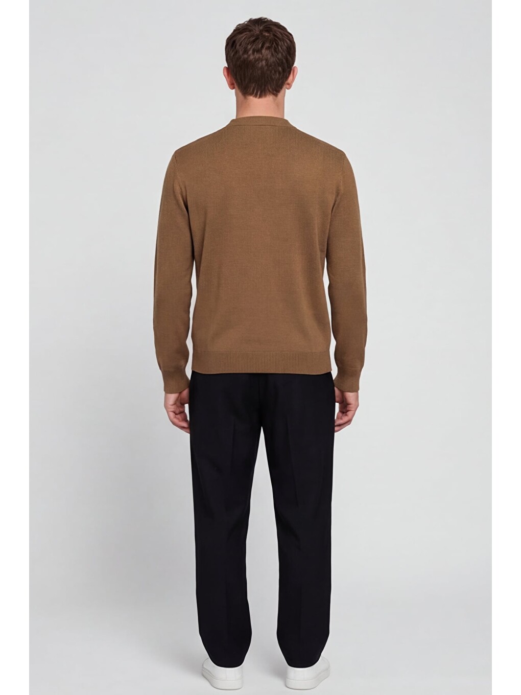 Kahverengi Camel Regular Fit Yünlü Desenli Bisiklet Yaka Triko Kazak-3