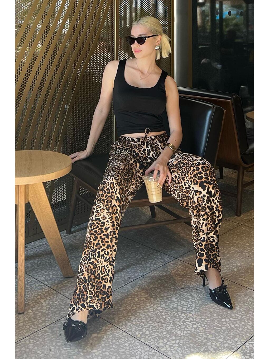 Bej Ayarlanabilir Bel Leopar Desenli Bol Paça Pantolon Mg2095-1