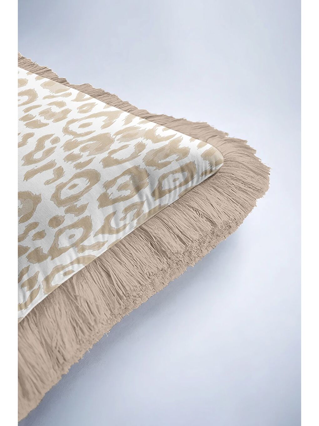 Karışık Leopar Motifli Saçaklı Yastık Kılıfı - Safari Bohem Bej Altın Renkli Püsküllü Kırlent Kılıfı-6